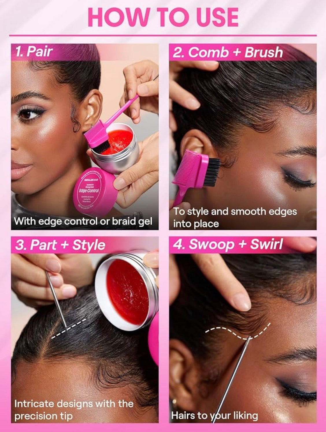SHEGLAM HAIR Locked in Edge Bestie, herramienta de peinado 3 en 1, cepillo de borde de pelo con peine de cola