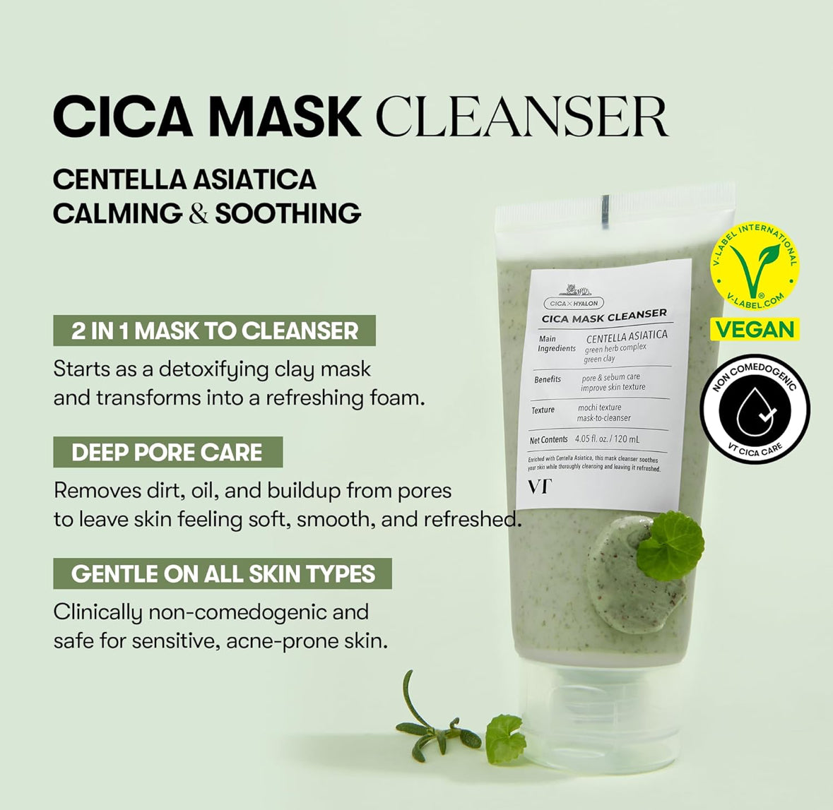 VT COSMETICS CICA - Limpiador facial 2 en 1, mascarilla de arcilla